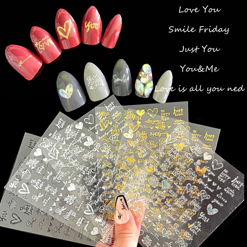 Nail stickers 6Pcs/Pack Laser Gold Silver 3D Nail Art Stickers Love Heart Letter Image Nail Decoration Ins Style Sticker DIY Foils Accessories