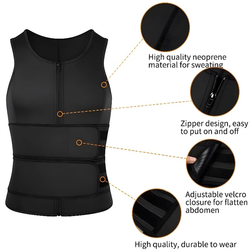 Men's Waist Trainer Sauna Vest Weight Loss Body Shaper Sweat Vest for Men with Double Belt and Zipper, Corset Plus Size