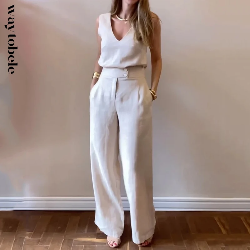 Waytobele Women Two Piece Set Summer Casual Solid V Neck Sleeveless Vest Pullover Top Loose Wide Legs Pants Sets Streetwear
