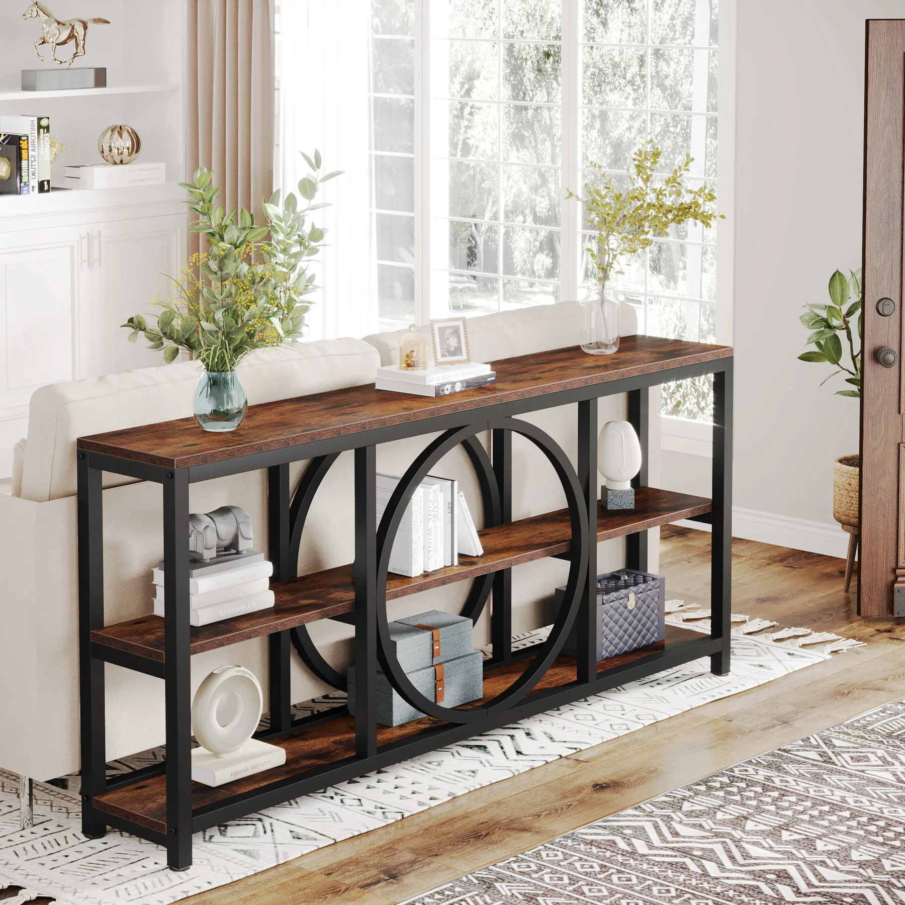 Tribesigns Extra Long Console Table, 70.9 inch Narrow Sofa Tables with 3 Tier Wood Storage Shelves Industrial Metal Frame