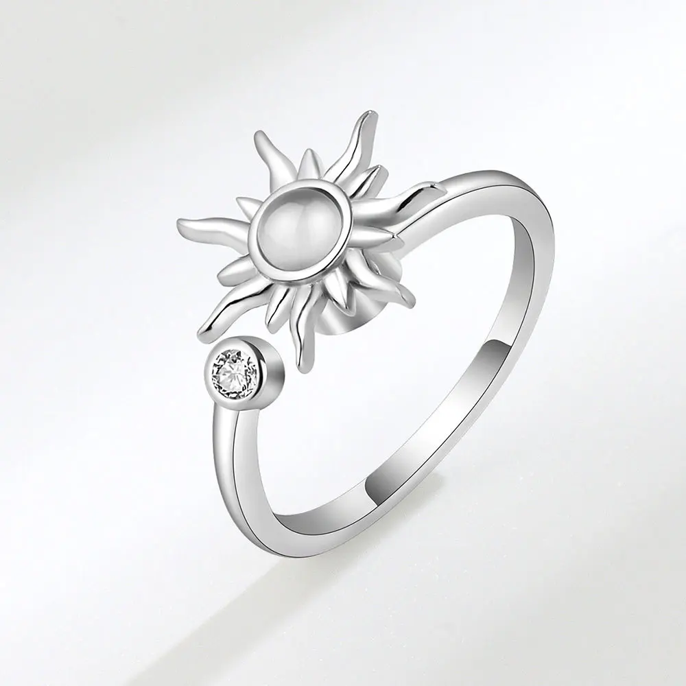 925 Sterling Silver Zircon Sunflower Spinner Rings for Women Adjustable Anti Stress Rings Fashion Party Gift silver ring silver rings rotating ring metal flower ring