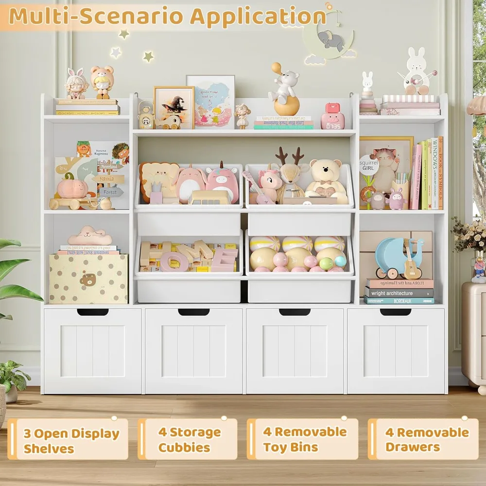 Toy Storage Organizer, Toy Organizer with 4 Movable Drawers and 4 Box Bins, Kids Playroom Storage Organization with Hidden Wheel