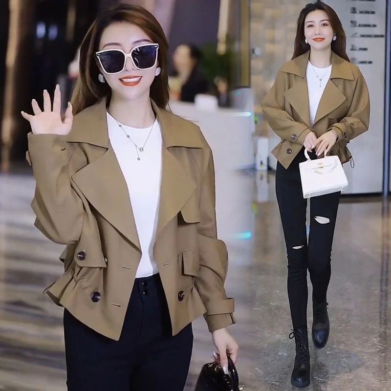 

2024 New Spring Autumn Coat Female Women's Casual Jacket Tops Outerwear Tooling Fashion Short Trench Coat Double-Breasted