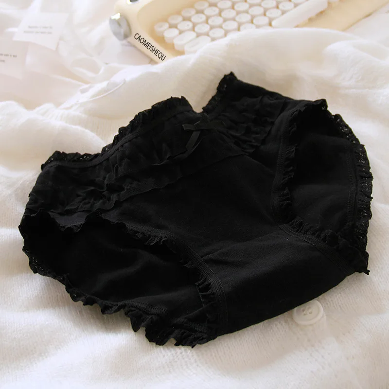 SP&CITY Black Lolita Lace Bow Cotton Underwear for Women Low Waist Hollow Out Embroidery Sexy Panties Student Breathable Briefs