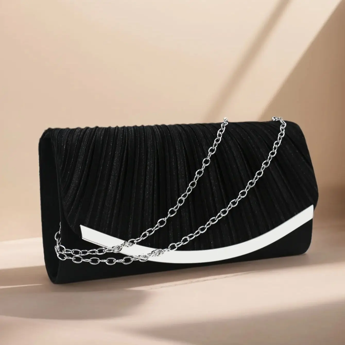 Satin Metal Chain Clutch Evening Handbag for Women