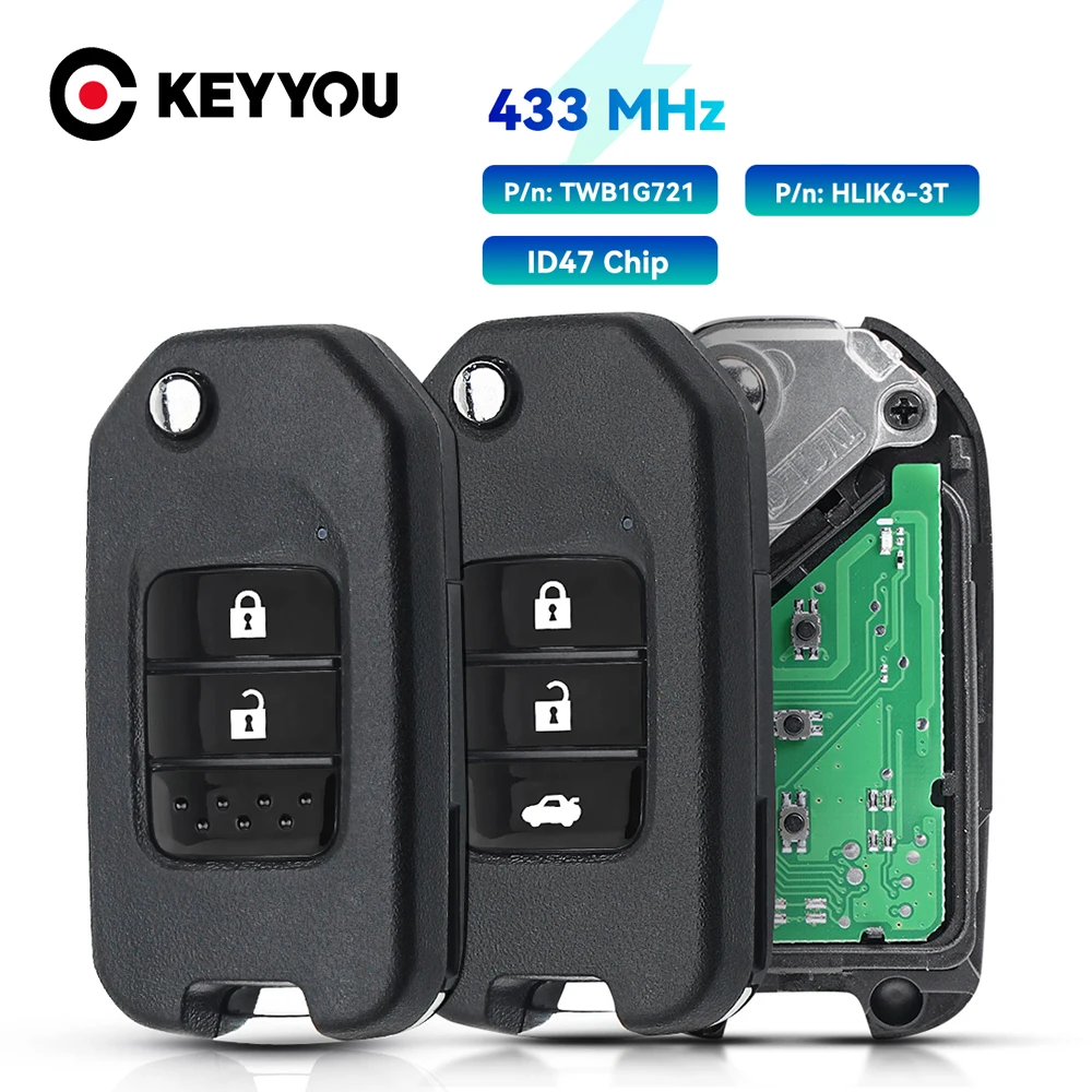 

KEYYOU A/G For Honda Civic Accord City CR-V Jazz XR-V Vezel HR-V FRV Spirior JADE ID47 Remote Car Key 433MHz HLIK6-3T / TWB1G721