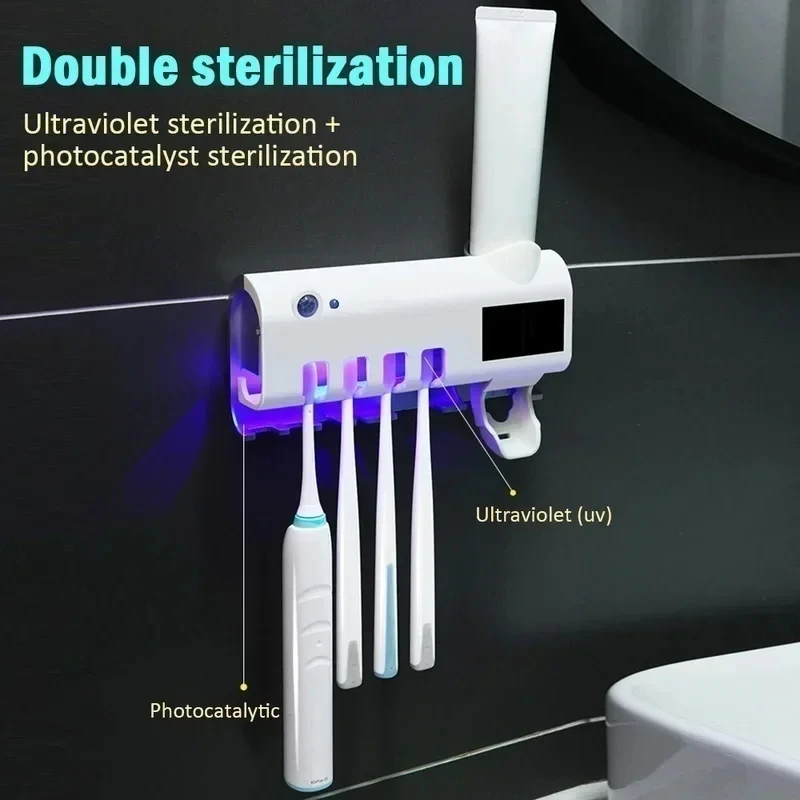 Bathroom Shower Storage Solar Energy UV Light Toothbrush Sterilizer Holder Automatic Toothpaste Squeezers Dispenser for Home