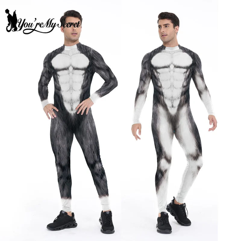 [You're My Secret] Animal Husky Fox Wolf Printed Cosplay Costume Halloween Party Zentai Jumpsuit for Adult Boys Male Bodysuits for cosplay costume