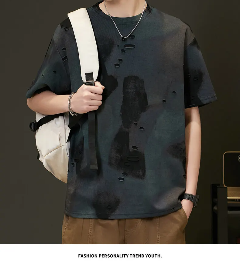 Tie-Dye Distressed Kurzarm-Baumwoll-T-Shirts für Herren – Sommer 2026 Trendige Jugend-Ripped-Hole-Tees – High-Street-Wear Oberteile Kleidung – Detail 13