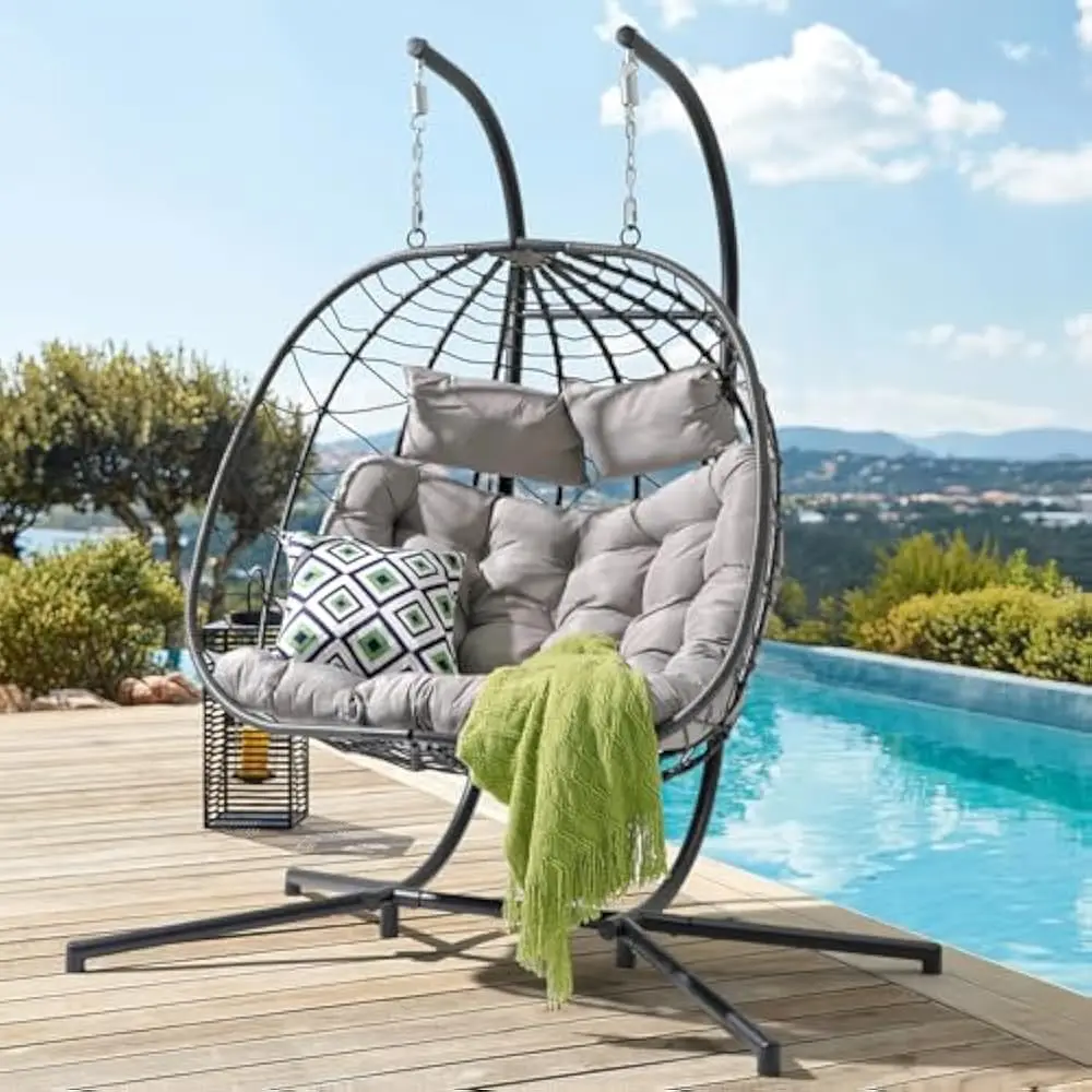 Rattan swing chair Double Rattan Swing Egg Chair with Side Pockets Foldable Hanging Egg Chair with Stand Indoor and Outdoor Chairs