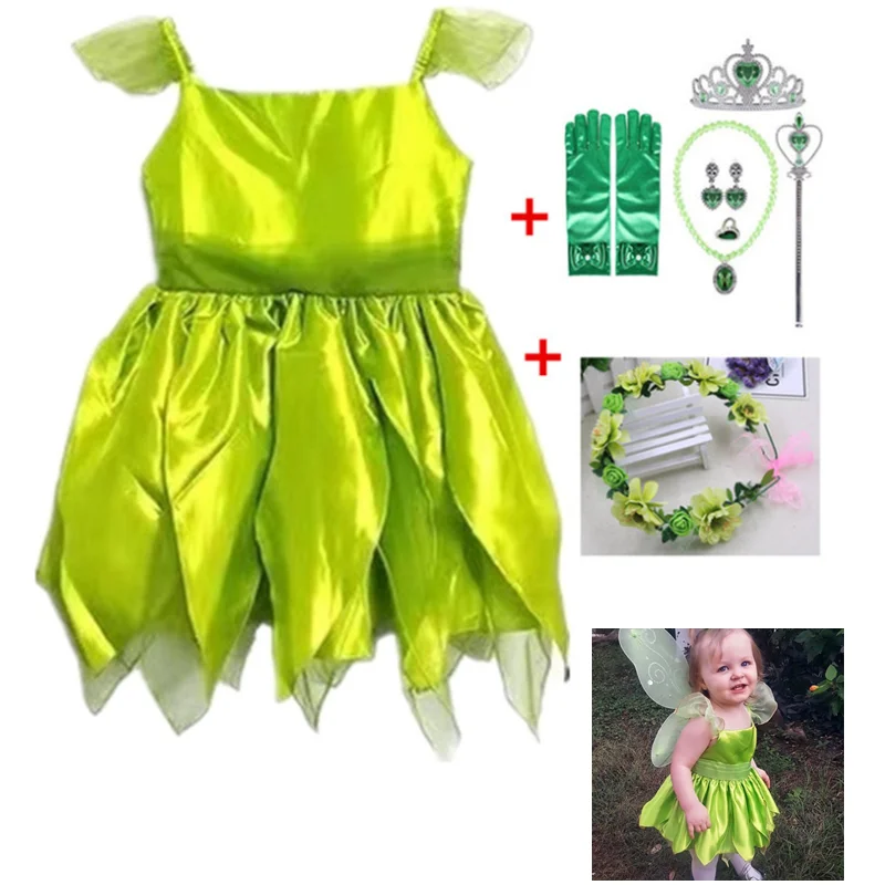 Halloween Fancy Dress Up Costumes Christmas Fairy Tinkerbell Dress For Girls Green Flower Elves Kids Cosplay Princess Ball Gown