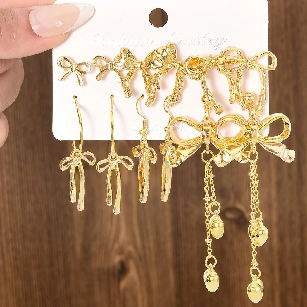 2/12 Pcs Bowknot Gold Color Earrings Set for Women Sweet Elegant Bow Long Tassel Drop Earring Trendy Party Jewelry Gift 2025 New