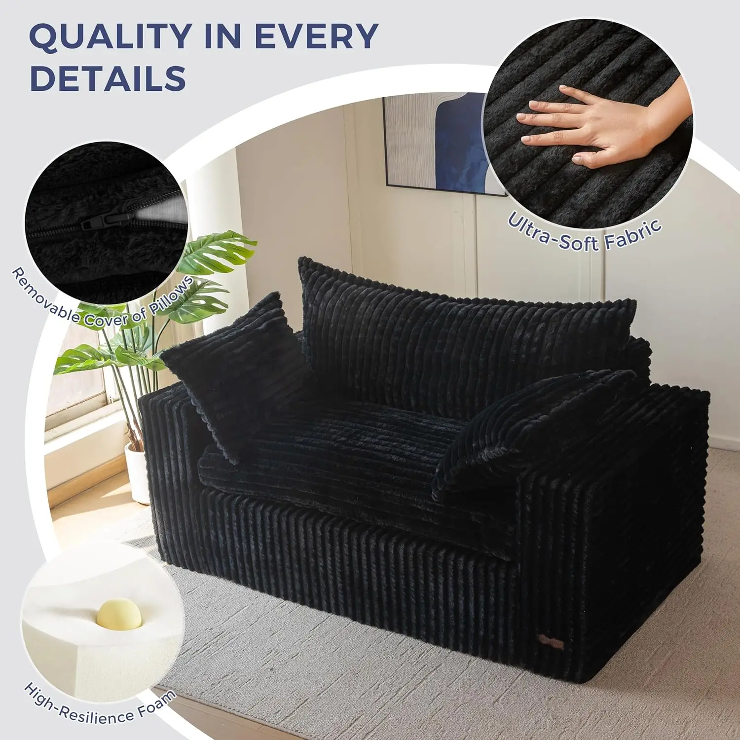 Bean Bag Chair for Living Room, Upholstered Loveseat Sofa Couch with Deep Seating, Wide Armrests Boneless Couch Sofa in a Box