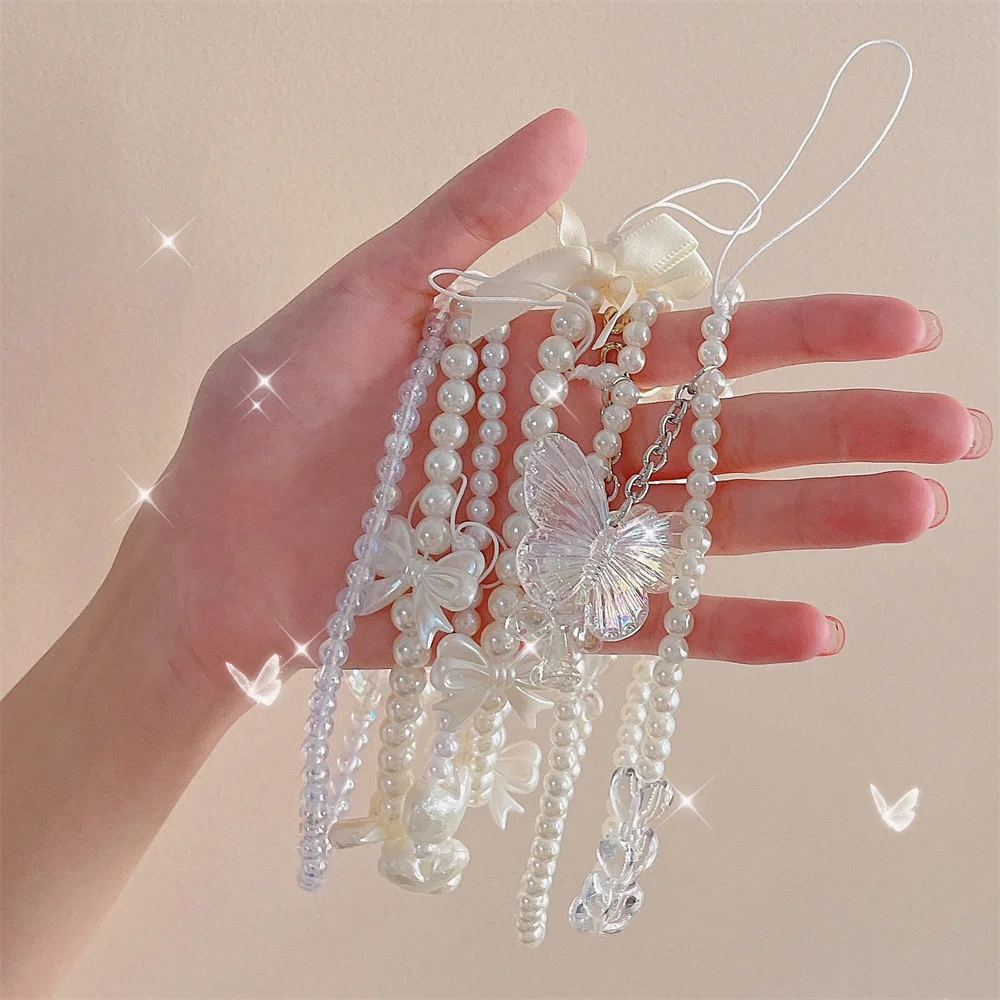 KHOLAD Universal Mobile Phone Chain & Lanyard Phone Charm With Beaded Pearl, Cell Phone Lanyard With Tether Tab, Phone Chain Strap, Hands-Free Wrist Strap, Off-White Phone Strap For Women