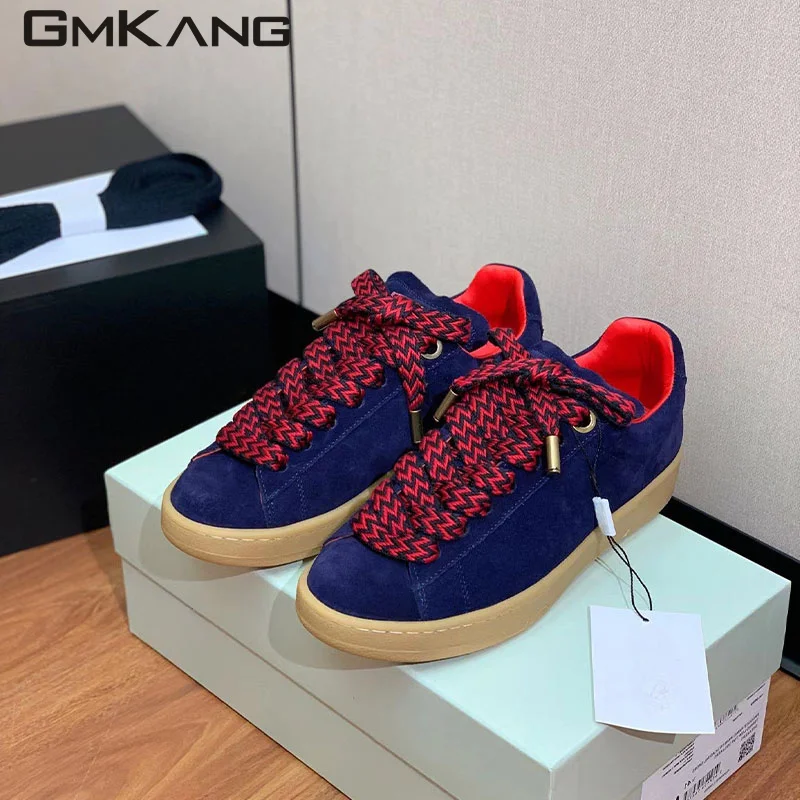 Neue Dicke Sohle Freizeit Schuhe Frauen Schnbranen Runde Zehen Flache Plateaus Chuhe Unisex Echt Leder Freizeit Komfort Turnschuhe