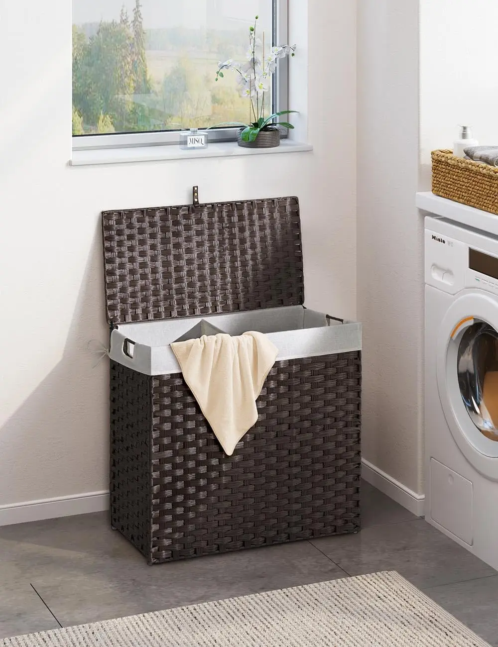 Laundry Hamper with lid 130L Wicker Laundry Baskets Foldable 2 Removable Liner Bags 2 Section Clothes Hamper No Install Needed