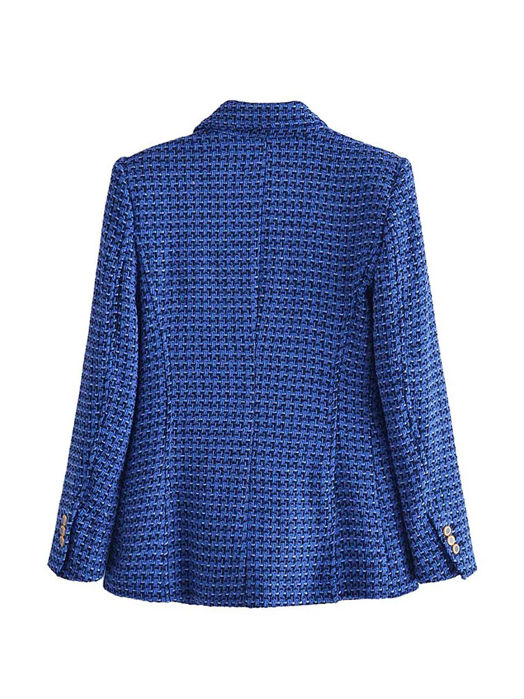 2022 Women Jacket New Fashion Double Breasted Tweed Check Slim Blazer Coat Vintage Long Sleeve Pockets Female Outerwear Chic