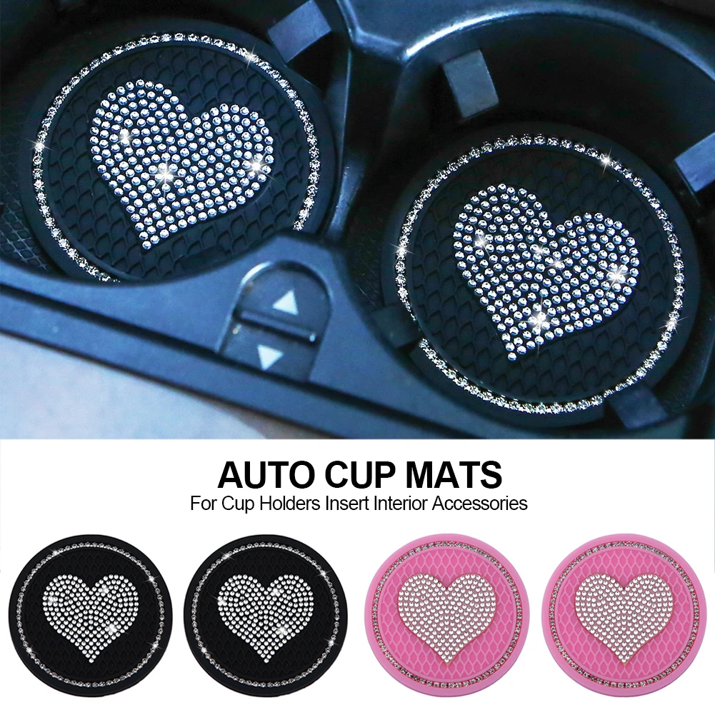 Car Coaster Pads 2PCS Heart Shape Car Diamond Coaster Water Cup Slot Non-Slip Mat Silica Pad Cup Holder Mat Auto Interior Decoration Accessories