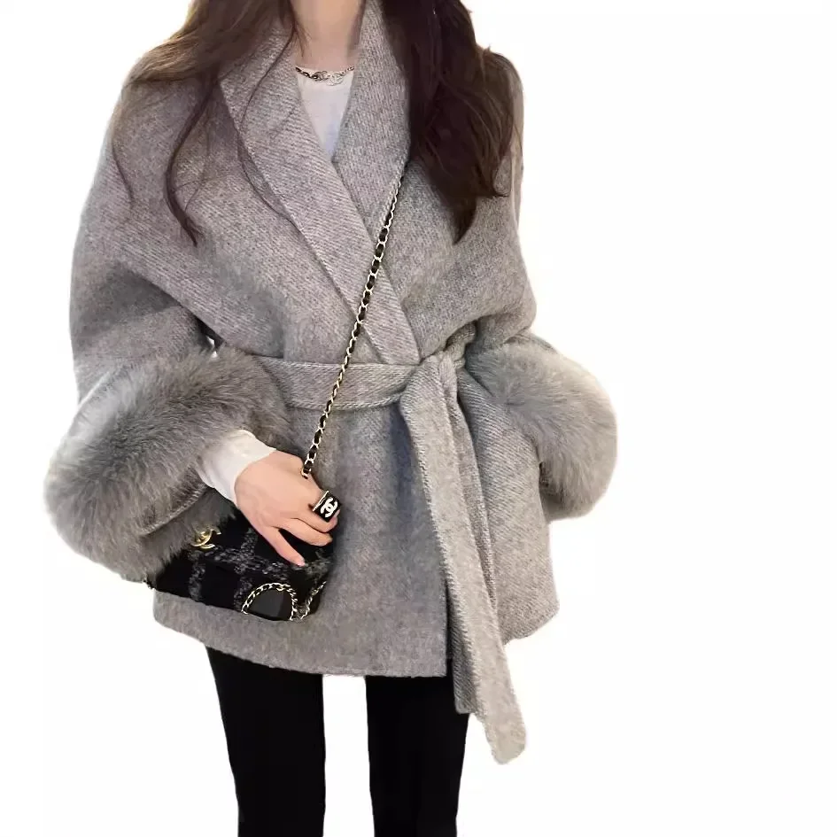 High End Double-sided Wool Strapping Real Wool Fur Coat Women's Removable Cuffs Fox Fur Temperament Cashmere Short Jacket 5