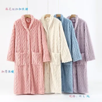 Autumn Winter Women Warm Flannel Robe Ladies Soft Bathrobe Female Long Sleeve Dressing Gown Warm Fleece Robes Simple Home Cloth