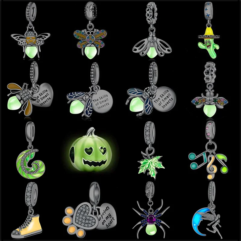 

925 Silver Charm Glow-in-the-dark Spooky Pumpkin Firefly Leaves Cactus Spider Dog Paw Music Emit Light Bead Fit Pandora Bracelet