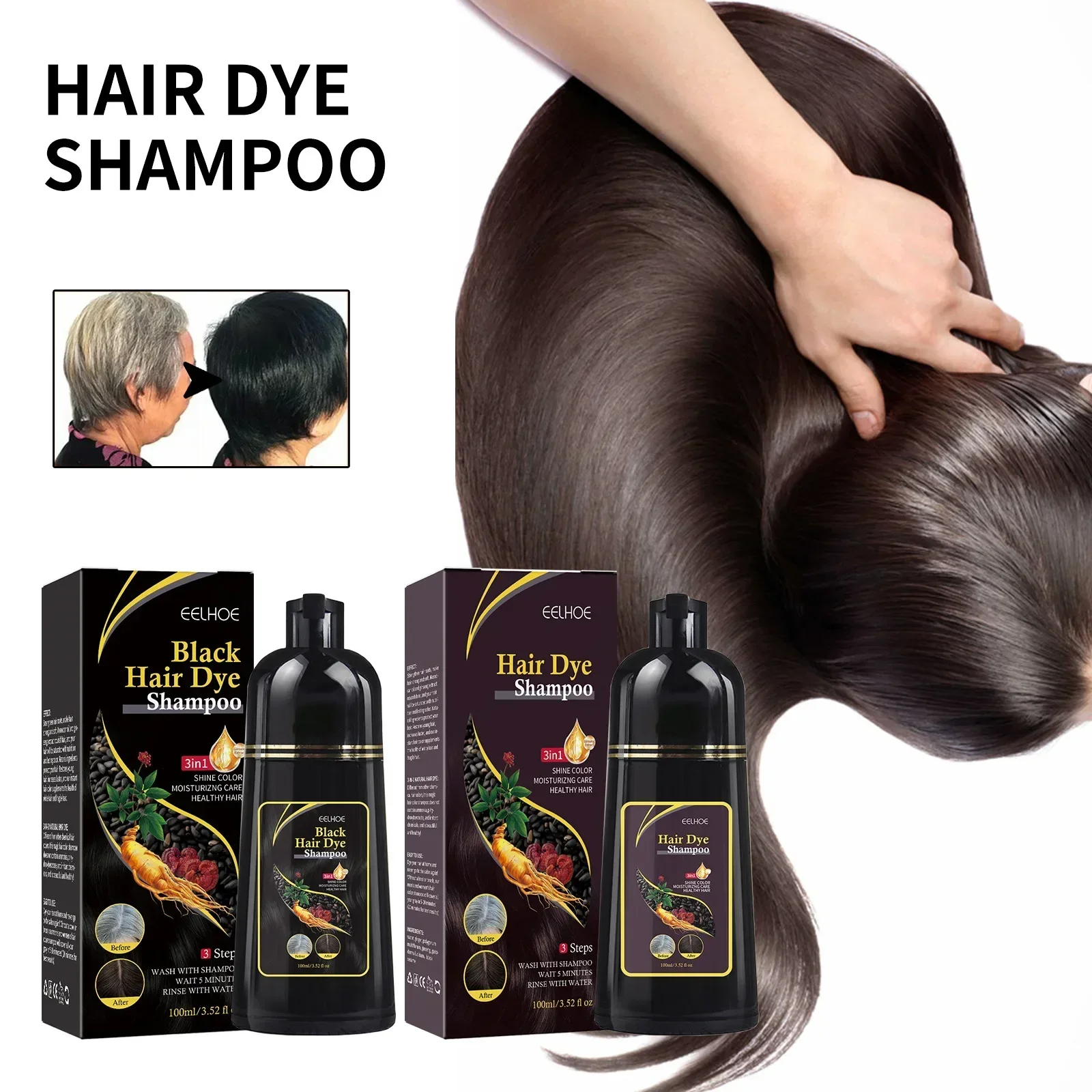 100ml Permanent 3in1 Hair Dye Shampoo Polygonum Multiflorum Natural Gary Hair Dark Plant Essence Coloring Cover for Women Men 3