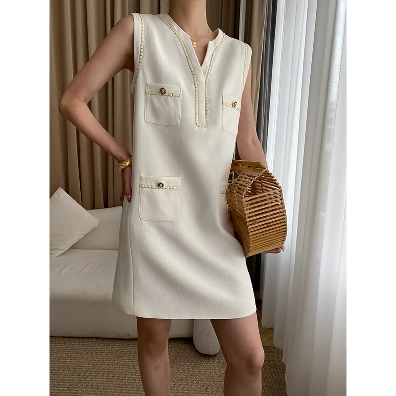 

French Loose White Elegant Dress Women Small Fragrant Metal Chain Summer Korea Vintage Black Office Casual Sleeveless Dresses