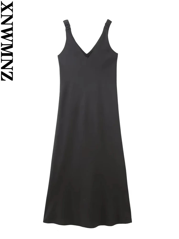

XNWMNZ 2023 Women's Fashion Elasticasted Strap Slip Dress Woman Holiday V-Neck Slim Fit Elegant Female Chic Midi Dresses