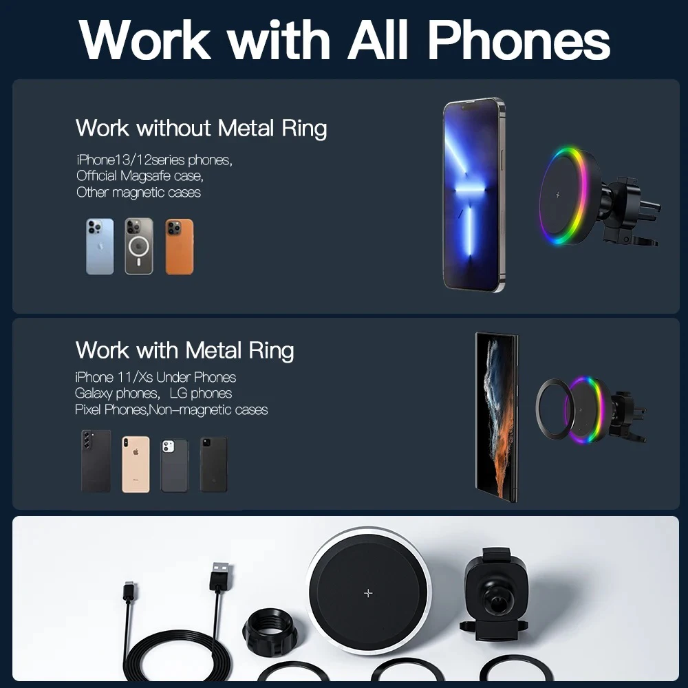 Fast Charging Magnetic Wireless Car Charger with RGB LED Light and Universal Air Vent Phone Holder