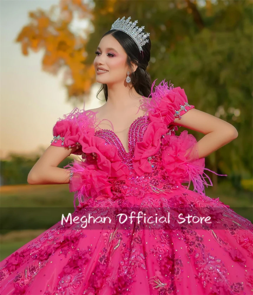 Fuchsia Off Shoulder 3D Flower Quinceanera Dress Bead Applique Birthday Luxury Dress Feather Tiered Ruffles Gown Customized