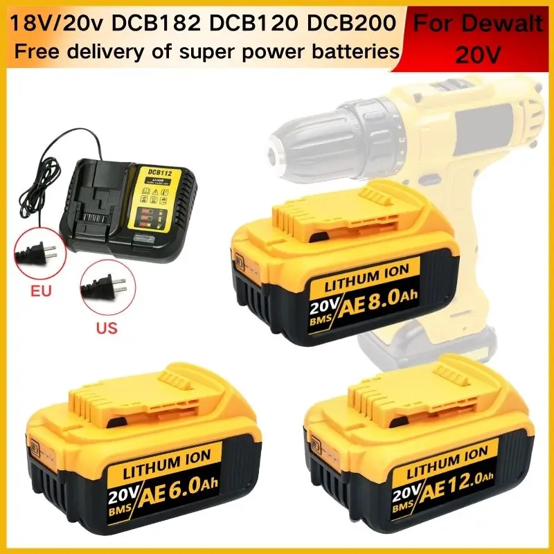 Aoae 충전식 전동 공구 배터리, DEWEI 20V 12000mAh, LED 리튬 이온 교체, DCB205 DCB184 DCB200