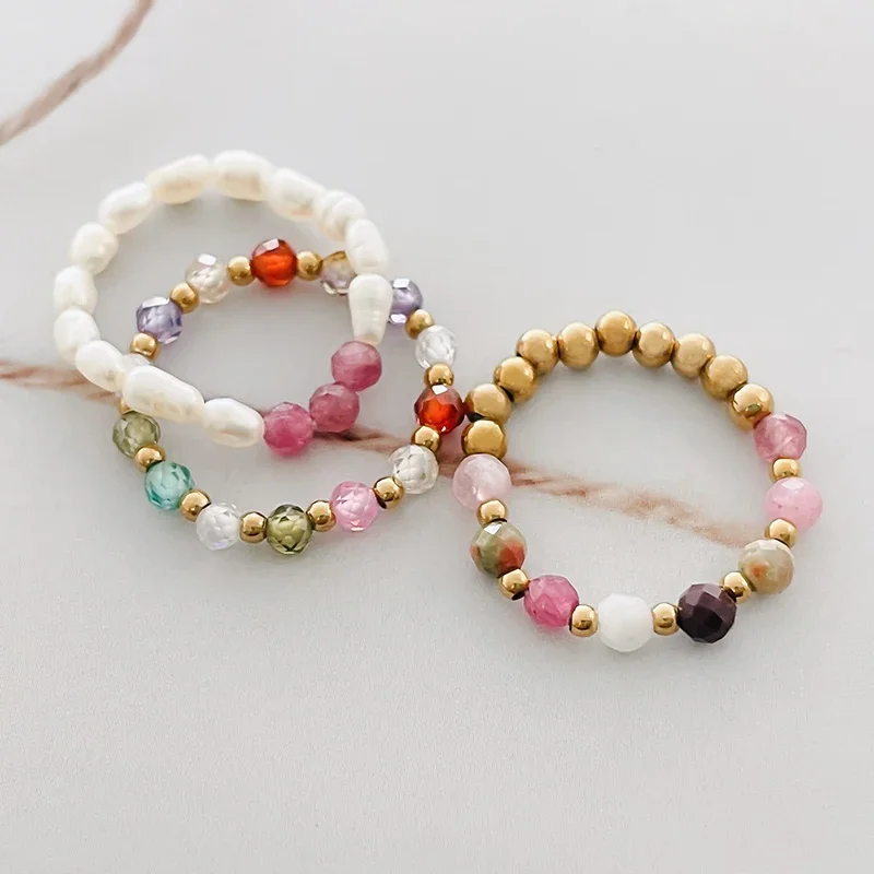 Handmade Zircon Wedding Ring Set For Women Stretchy Bohemian Jewelry Freshwater Pearl Rings Stainless Steel Wholesale