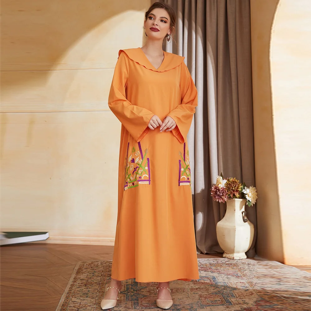 

Orange Abaya for Women Large Dubai Arab Muslim Fashion 2023 New Flip V-neck Embroiled Robe Loose Long Sleeves Women Clothing