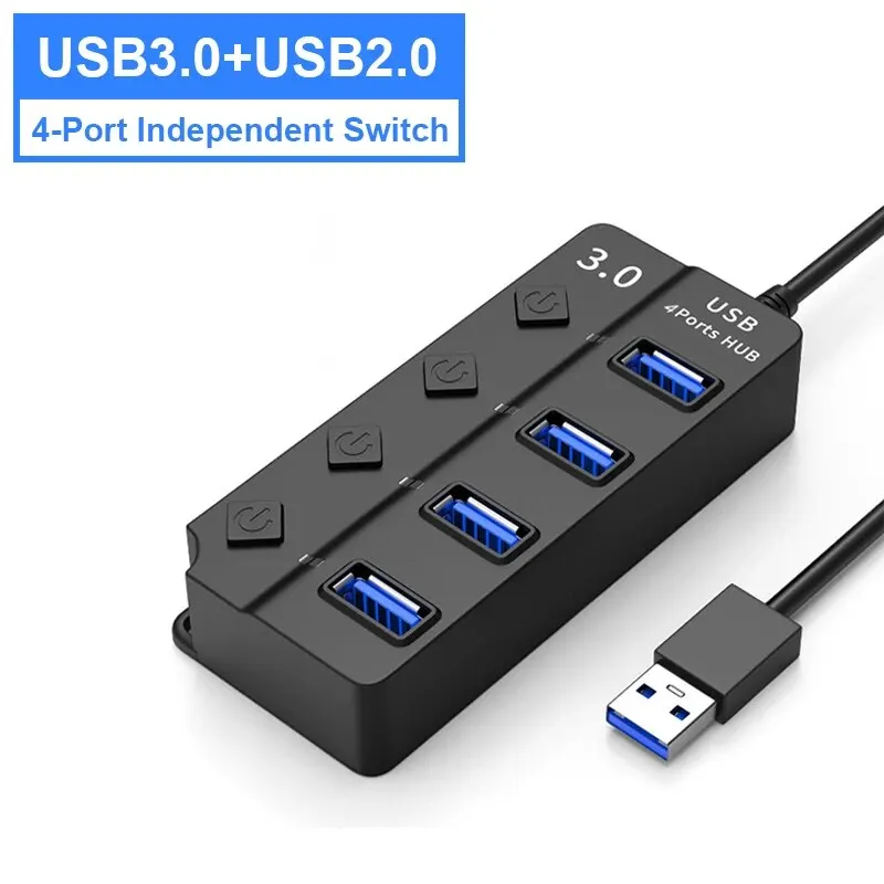 HUB USB 3.0 Rozdzielacz USB 2.0 Adapter USB 4 w 1 Wieloportowy niezależny przedłużacz wyłącznika zasilania Kabel 30 cm