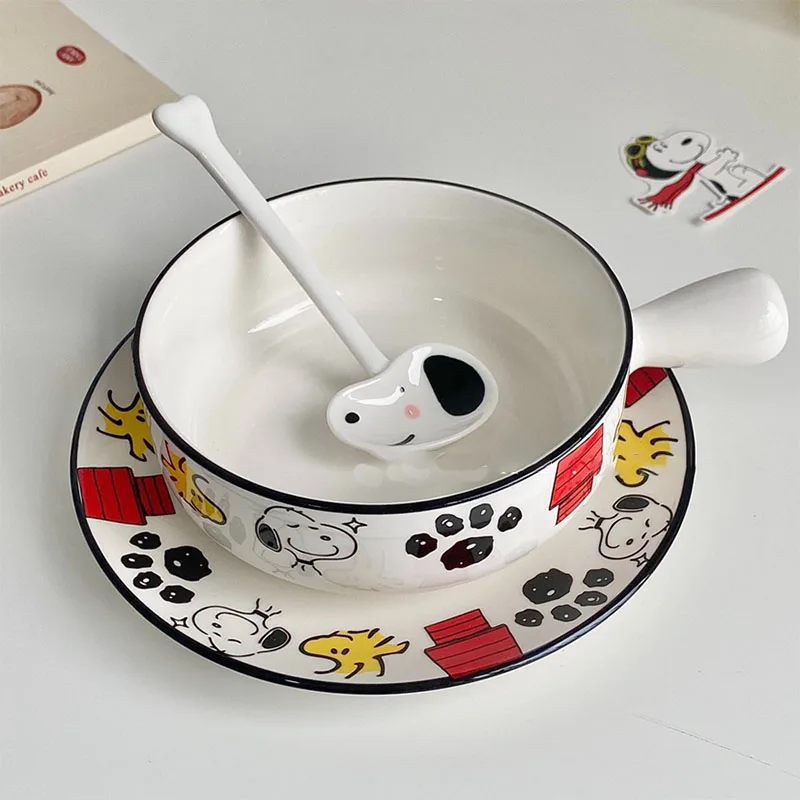 2024MinisoSnoopyTablewareKawaiiCartoonCeramicHandleBowlDining