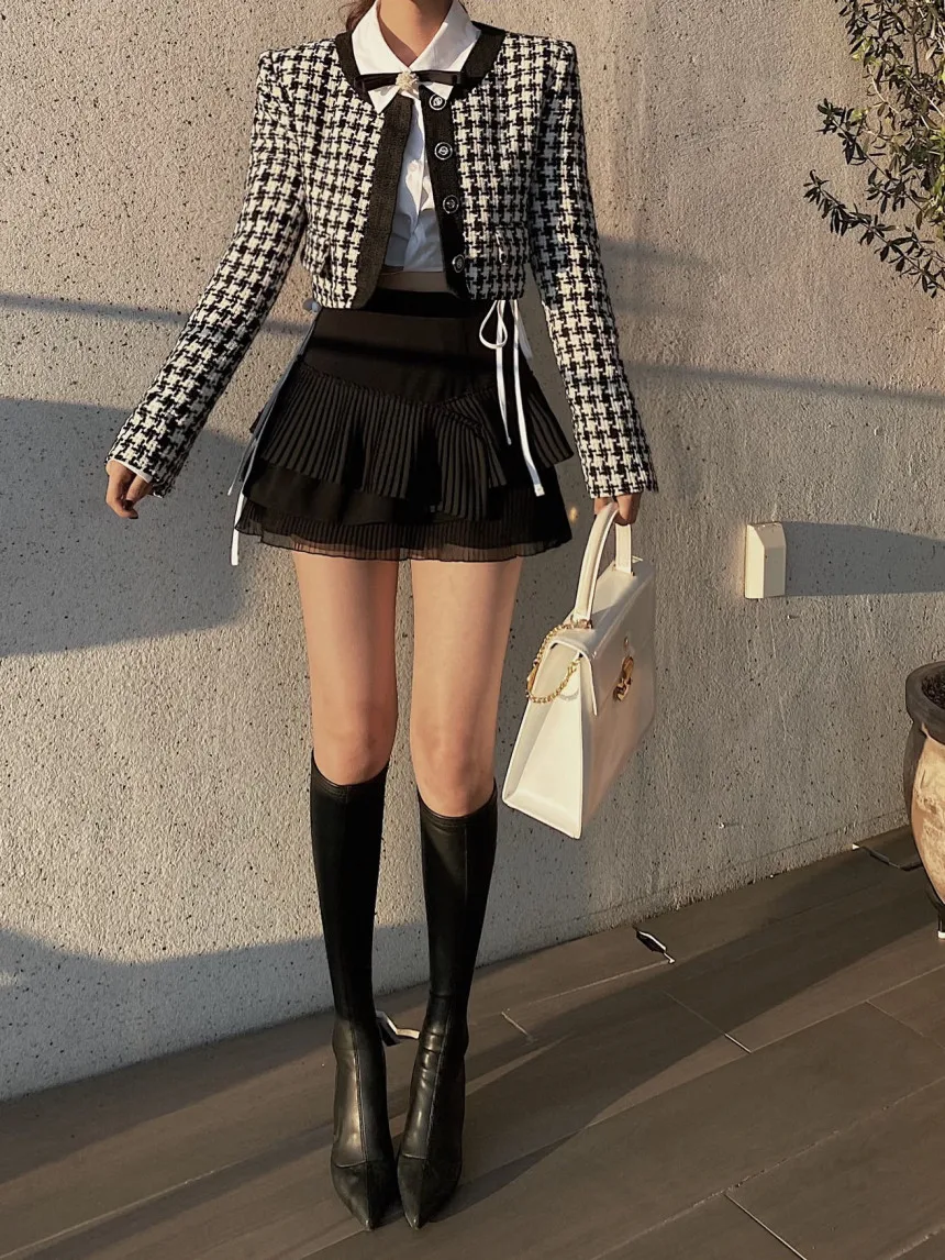 Elegant Cropped Jacket Women French Vintage Single Breasted Long Sleeve O-neck Top Autumn Y2k All-match Houndstooth Coats New