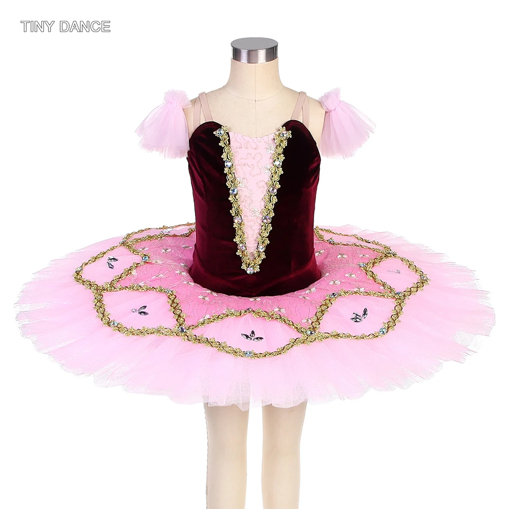 

Burgundy Velvet Bodice Professional Ballet Costume Pink Pancake Tutu Girls and Women Performance Costume Ballerina Dress BLL524