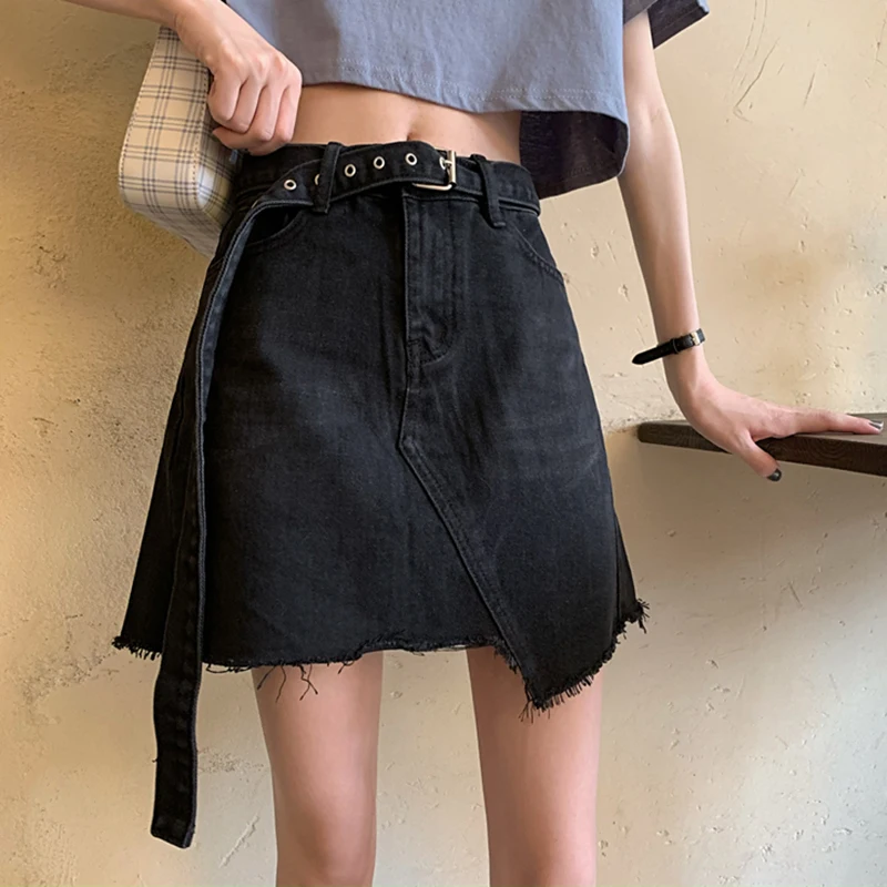 black pencil skirt JMPRS Black Women Denim Skirt Fashion Belt Irregular Summer Jeans Mini Skirt Korean High Waist Cotton Streetwear Girls Skirts crop top with skirt