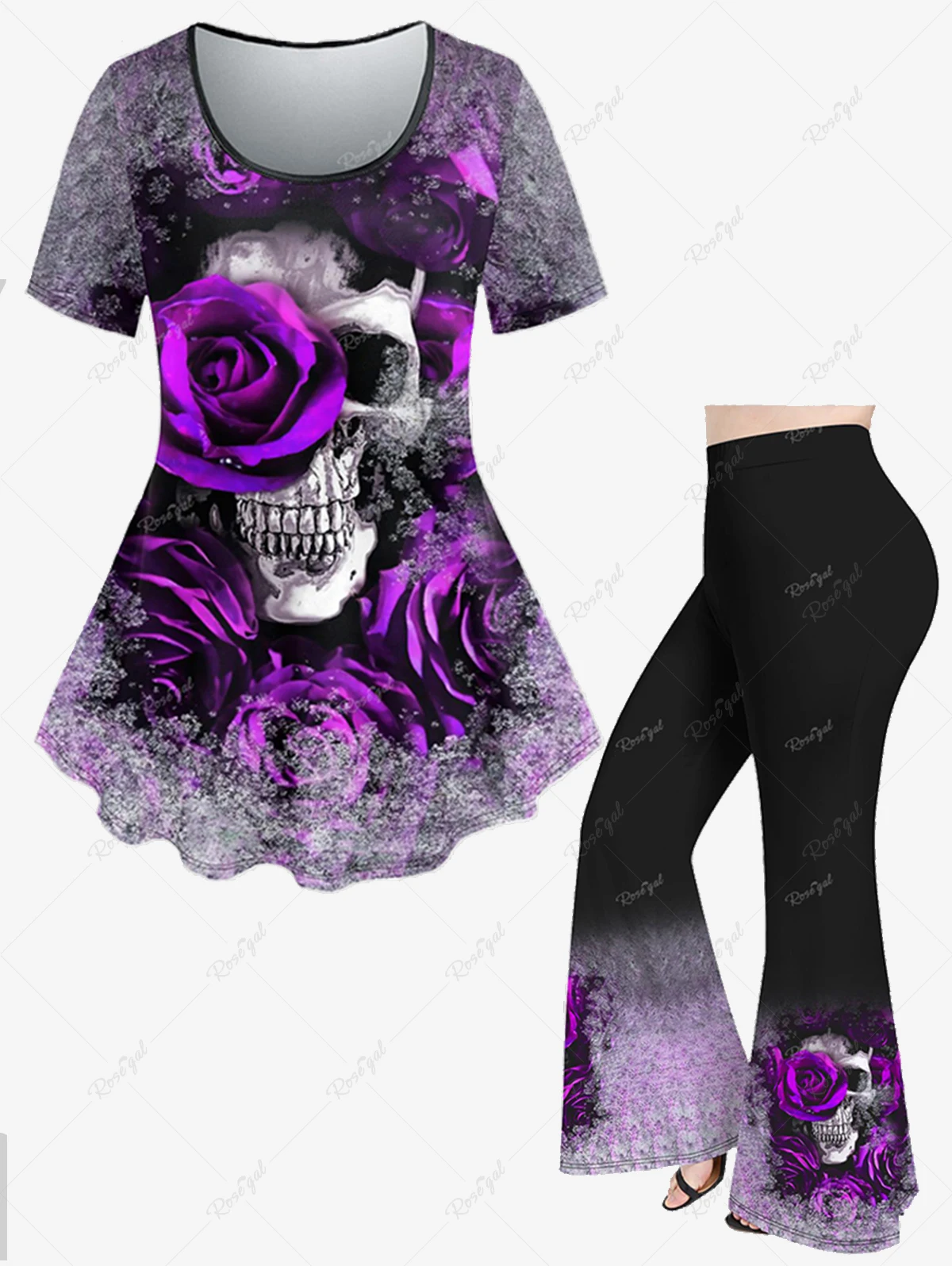 

Plus Size Halloween Skull Flower Fog Printed T-shirt Or Flare Pants Women's Spring Summer Casual Outfits Clothing Matching Set
