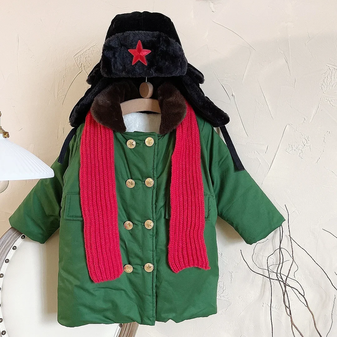 

2024 Winter Children's Clothing for Girls Boys Thicken Breasted Long Military Coat Scarf Hat Set Green Robe Jacket Tang Suit