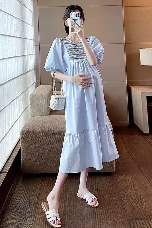 임산부용 전국 패치워크 코튼 임산부 롱 드레스, 2024 여름 한국 패션, 느슨한 스트레이트 의류