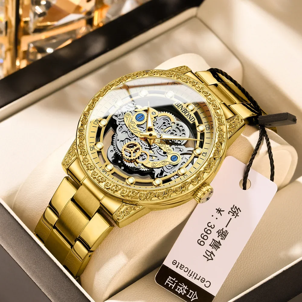 

BINBOND1010 Mens Fashion Hollow Quartz Watches Men Business Watch Stainless Steel Gold Skeleton Watch Luminous Relogio Masculino
