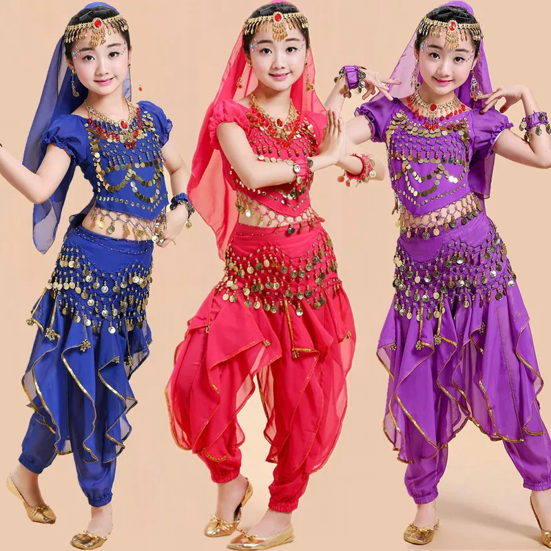 Kids Indian Dance Costume Belly Dance Performance Outfit Bollywood Girl Stage Wear Bright Elegant