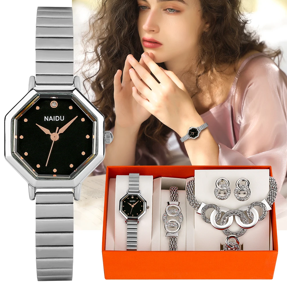 Bracelet Wrist Watches for Women Minimalist Steel Belt Quartz Watch Earrings Necklace Ring Fahsion Luxury Gift Set for Lady Wife