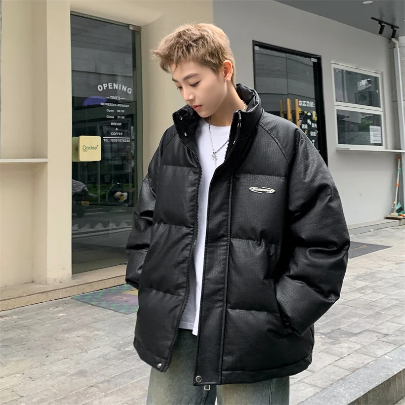 

2024 PU Leather Fleece Mens Jacket Thicken Warm Parkas Men Winter Stand Collar Letter Print Casual Puffer Jackets Coats Outwear