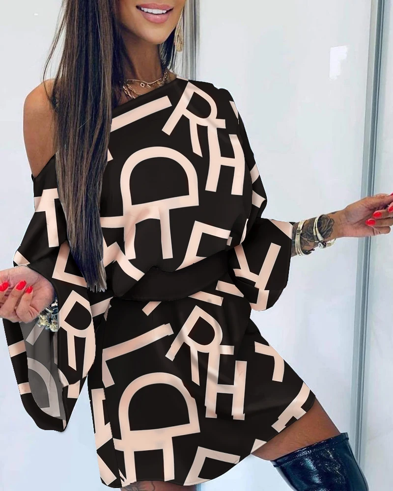 

Autumn Women Letter Print Asymmetric Mini Dress 2023 Casual Femme Long Bell Sleeve One Shoulder Robe Office Lady Clothing traf