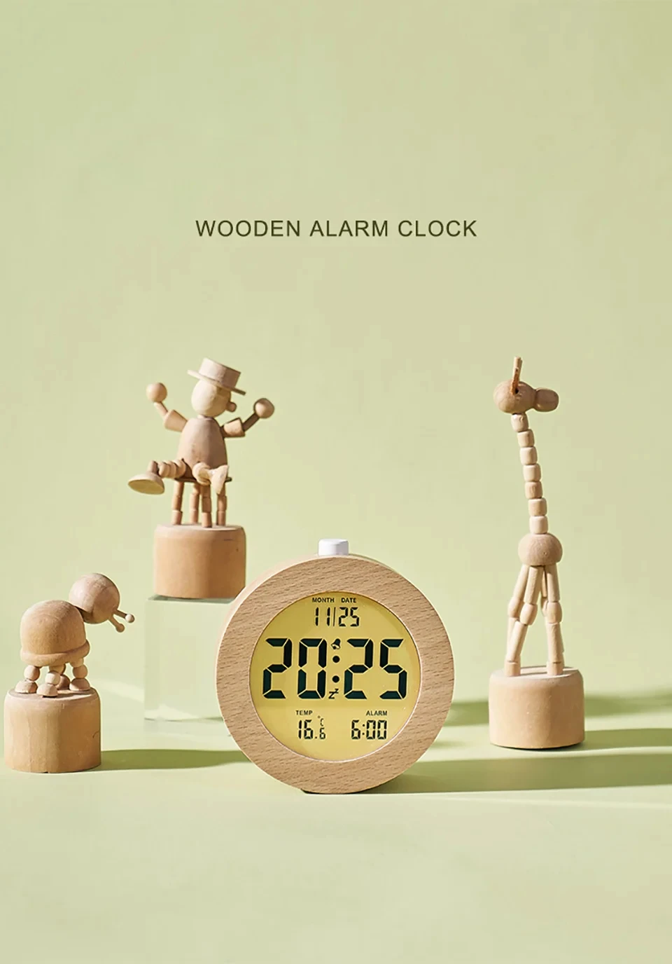 Description Picture 2 of itemLCD Digital Alarm Clock Solid Wood Date Temperature Display Table Clock with Backlight Snooze Mode Electronic Clock Room Decor