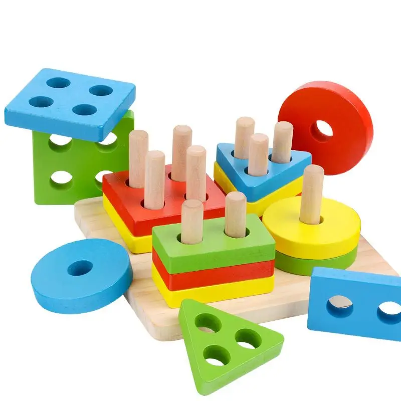 Children Four Post Geometric Modeling Building Blocks Montessori Toys Jigsaw Puzzle Teaching Aids Kids Wooden Toys 6