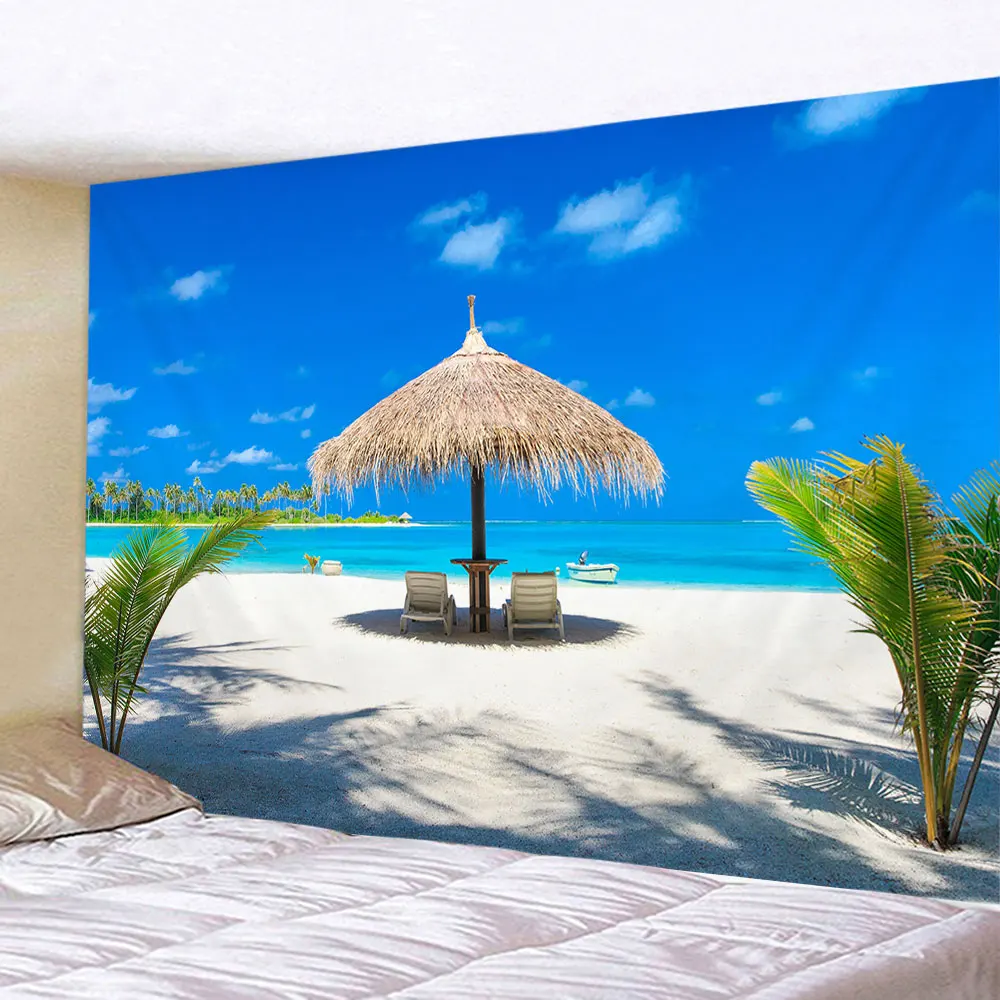 Beach Landscape Decorative Tapestry Seaside Coconut Tree Wall Hanging Art Deco Tapestry Decorations