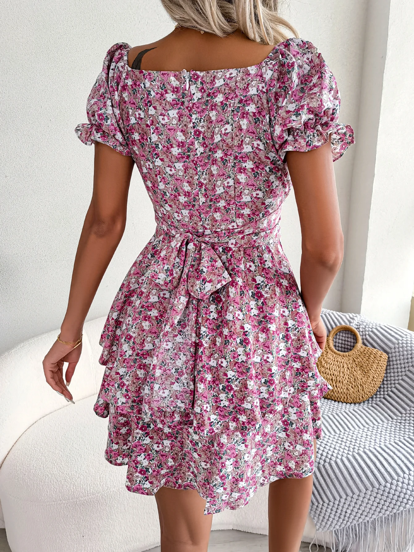 Floral Print Puff Short Sleeve Dress for Women